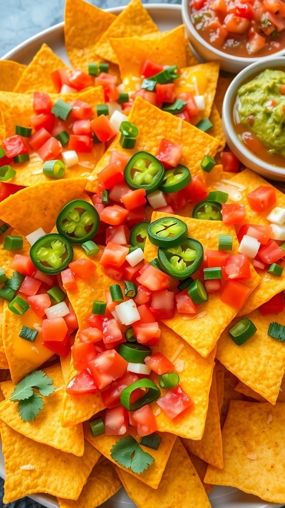 A plate of cheesy nachos topped with jalapeños, tomatoes, and garnished with cilantro, served with guacamole and salsa.